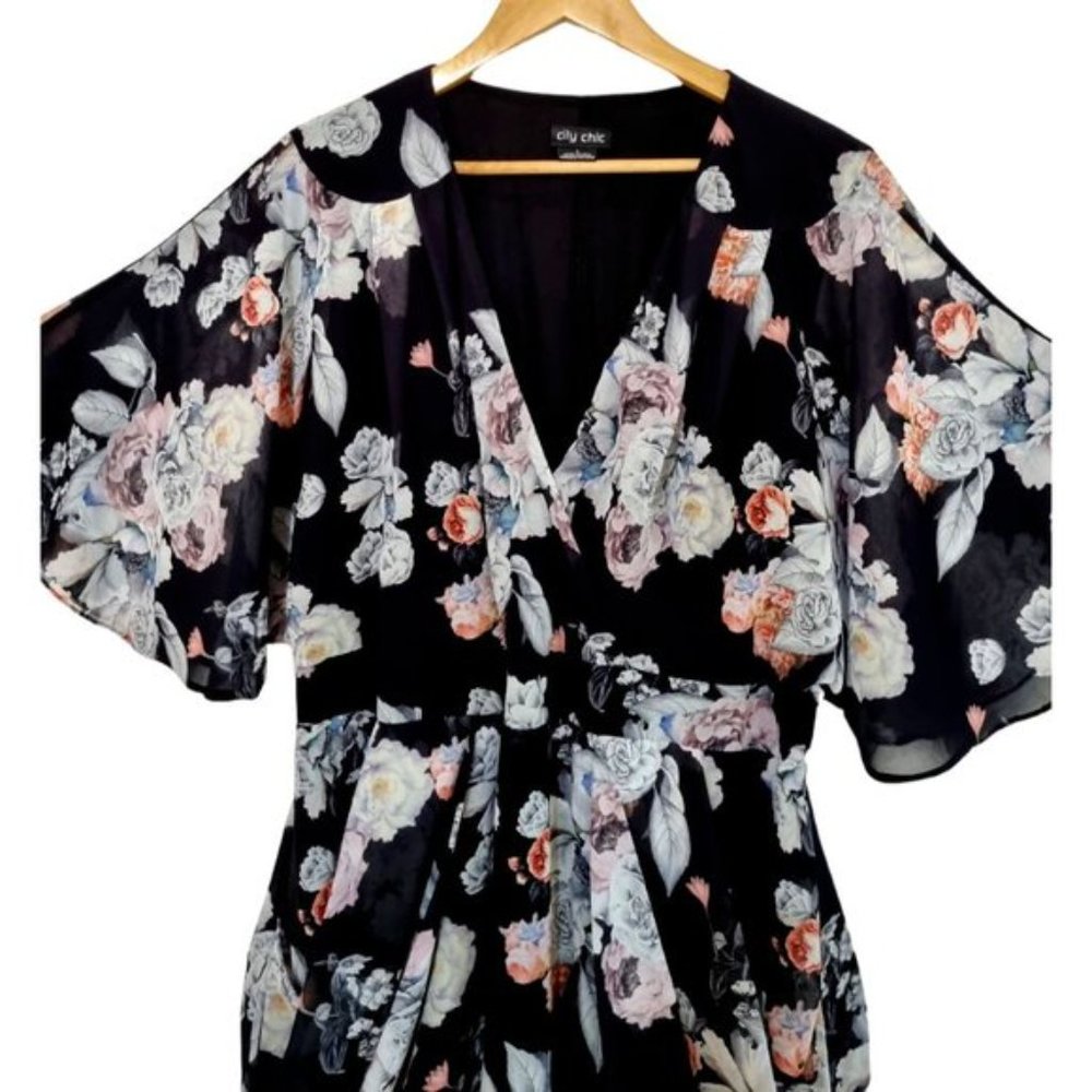 CITY CHIC Black Floral Womens V-Neck Flutter Sleeve Midi Dress - Size L - Picture 2 of 6